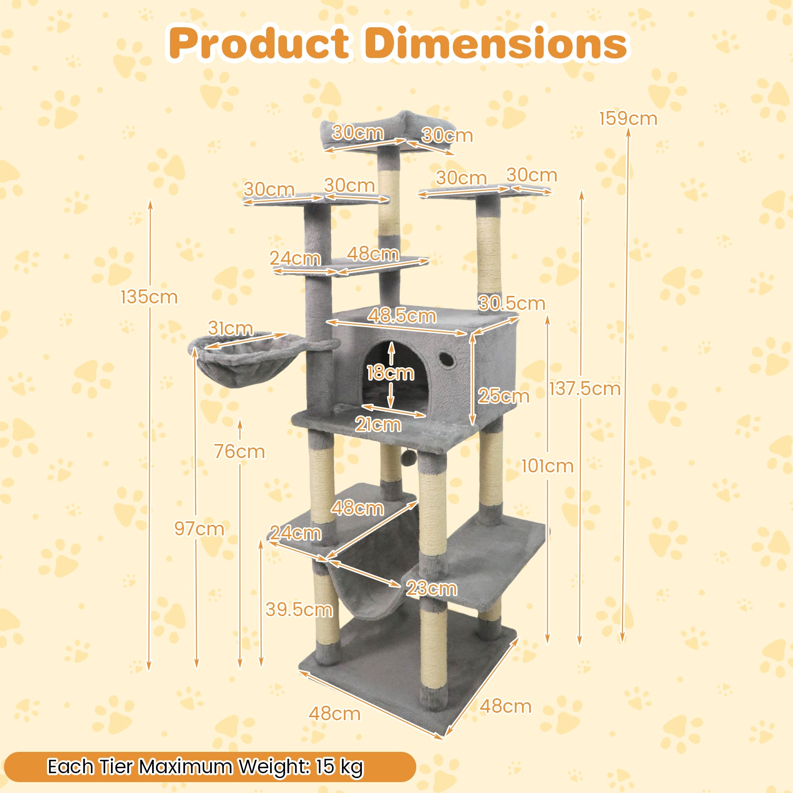 Large Cat Tree for Indoor Cats 63" Tall Cat Tower-Lght Gray