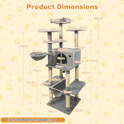 Large Cat Tree for Indoor Cats 63" Tall Cat Tower-Lght Gray