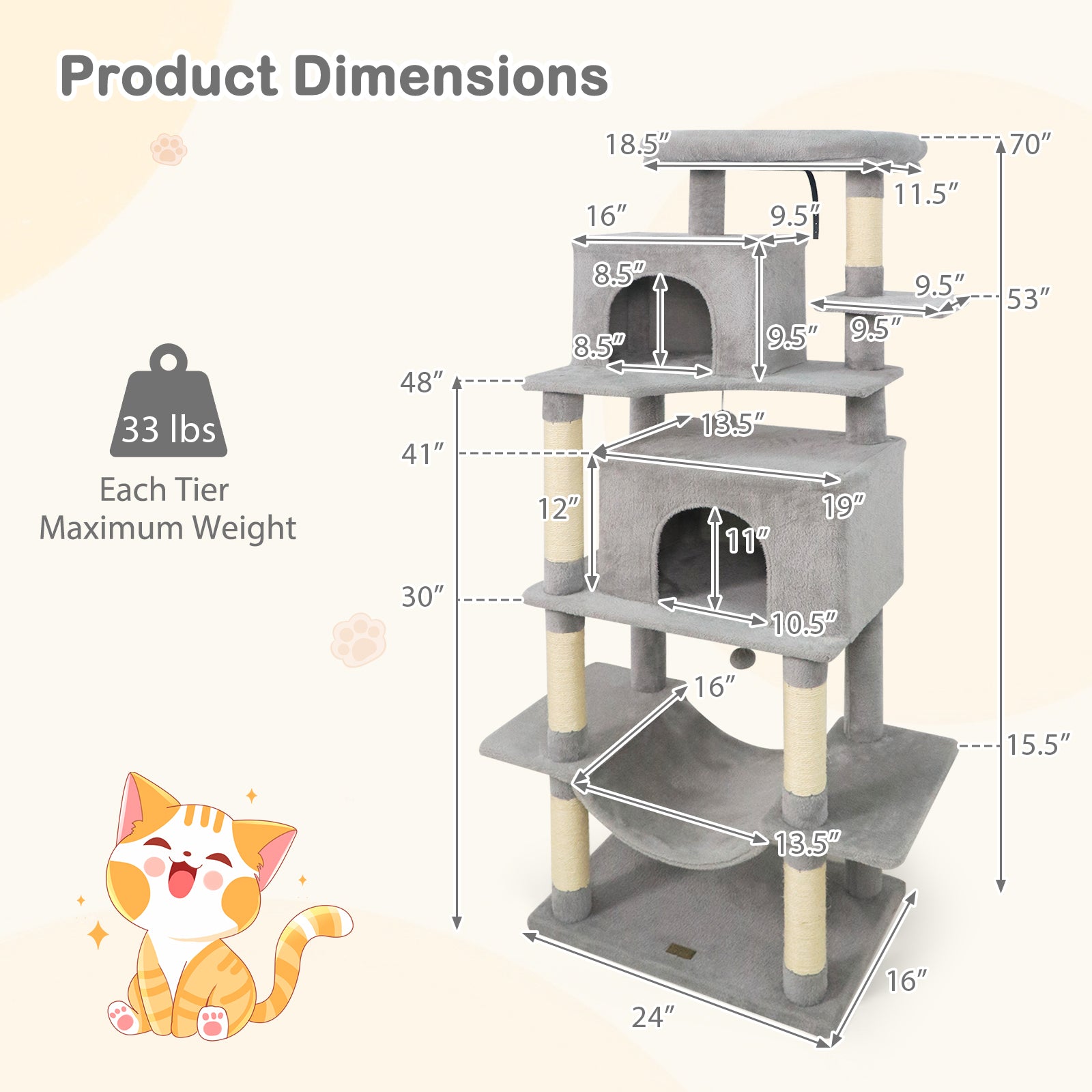 Large Cat Tree for Indoor Cats 70" Tall Cat Tower-Light Gray