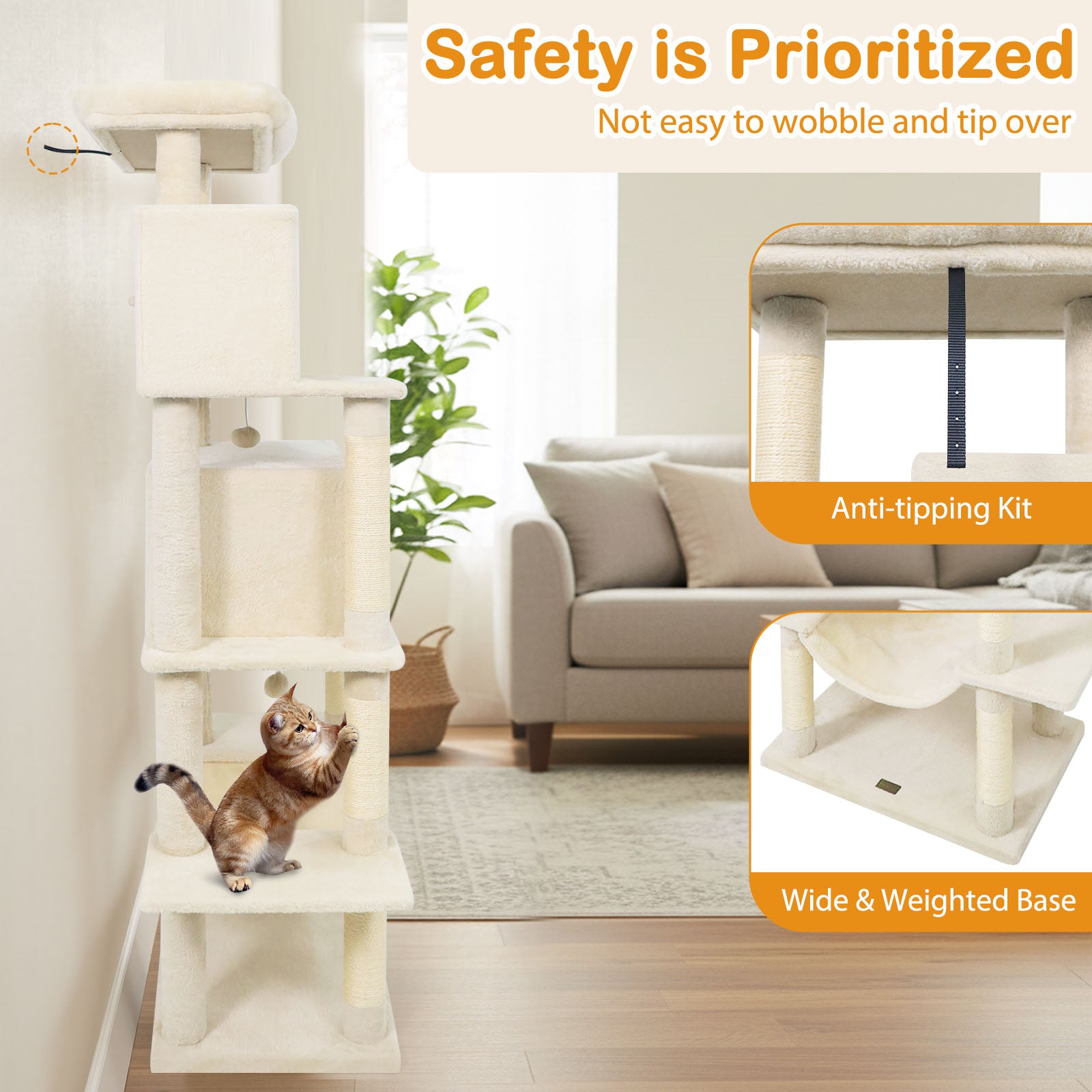 Large Cat Tree for Indoor Cats 70" Tall Cat Tower-Beige