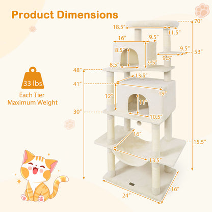 Large Cat Tree for Indoor Cats 70" Tall Cat Tower-Beige