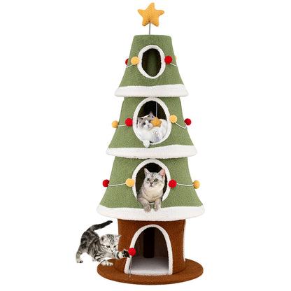 Large Christmas Cat Tree for Indoor Cats 61 Inch Cute Cat Tower with 4 Condos-Green