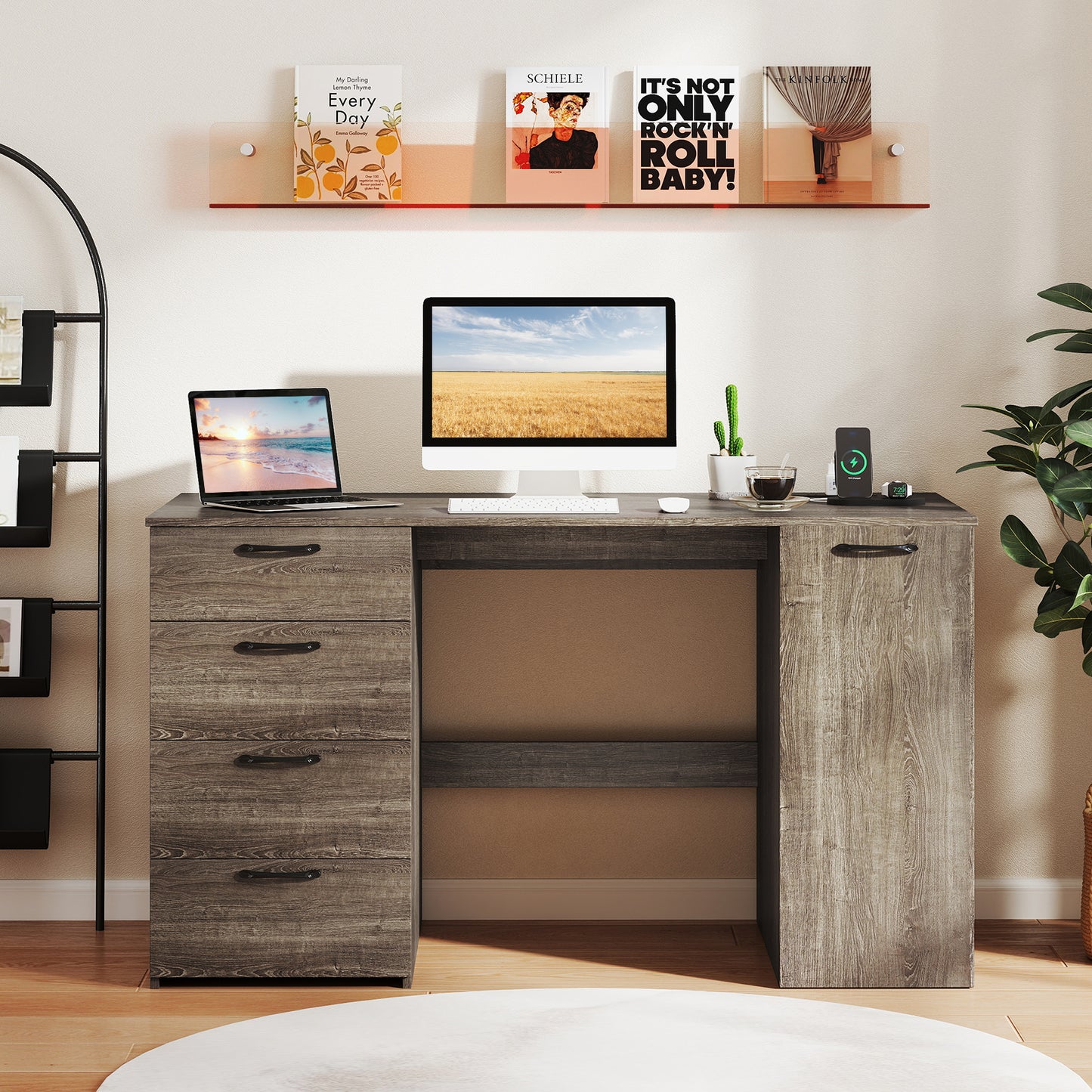 53 Inches Computer Desk with Power Outlets and 4 Storage Drawers