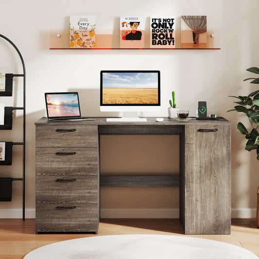 53 Inches Computer Desk with Power Outlets and 4 Storage Drawers