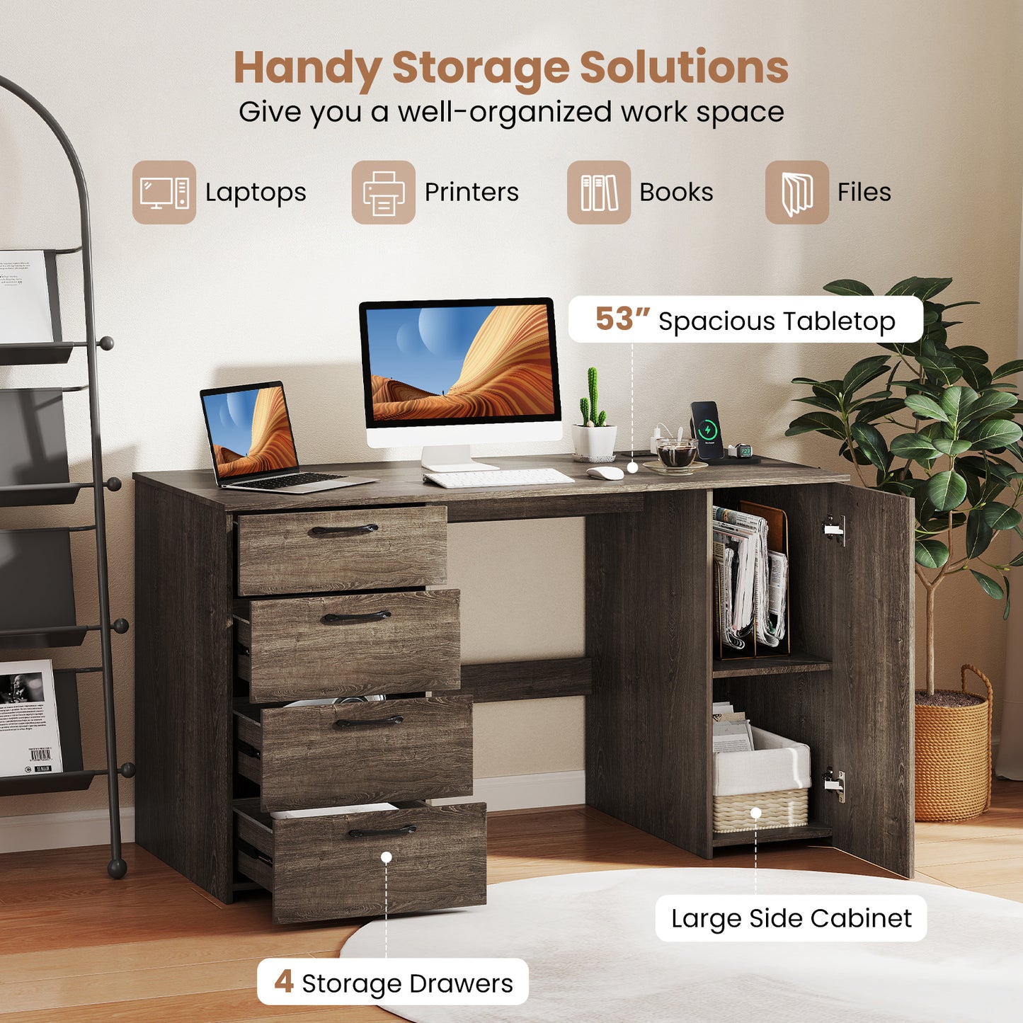 53 Inches Computer Desk with Power Outlets and 4 Storage Drawers