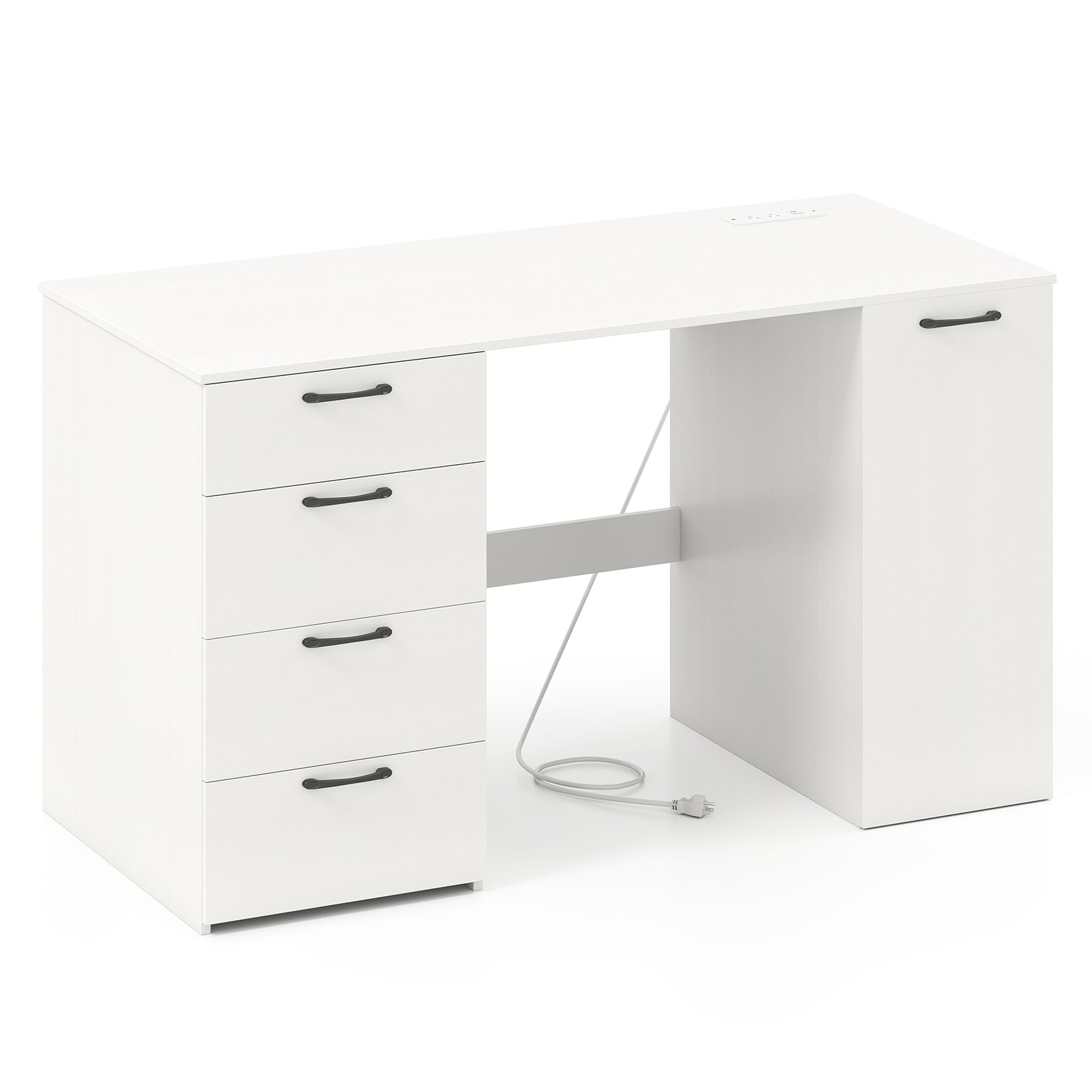 53 Inches Computer Desk with Power Outlets and 4 Storage Drawers-White - White