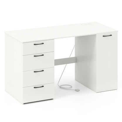 53 Inches Computer Desk with Power Outlets and 4 Storage Drawers-White - White