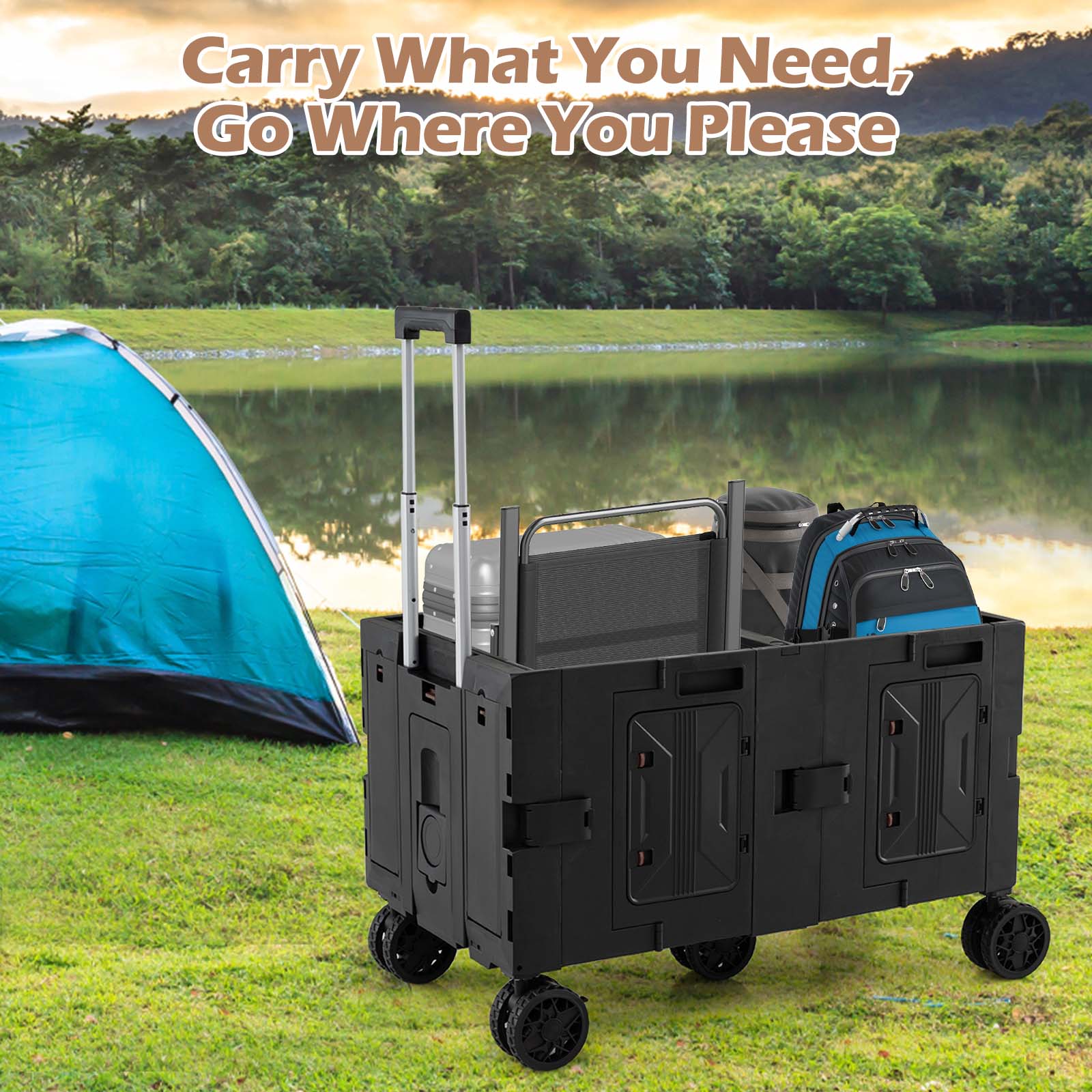 Large Foldable Utility Cart with 2-Tier Storage Crates and Telescoping Handle-Black