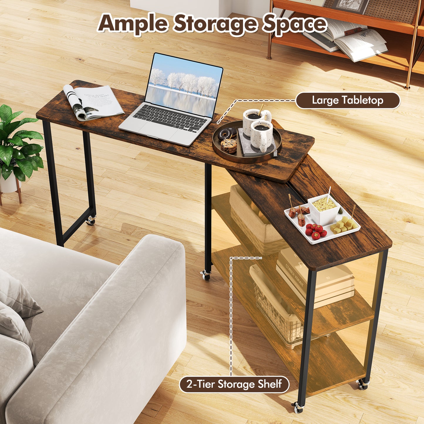 Patented Large 360-Degree Free Rotating Sofa Side Table with Wheels and Storage Shelf
