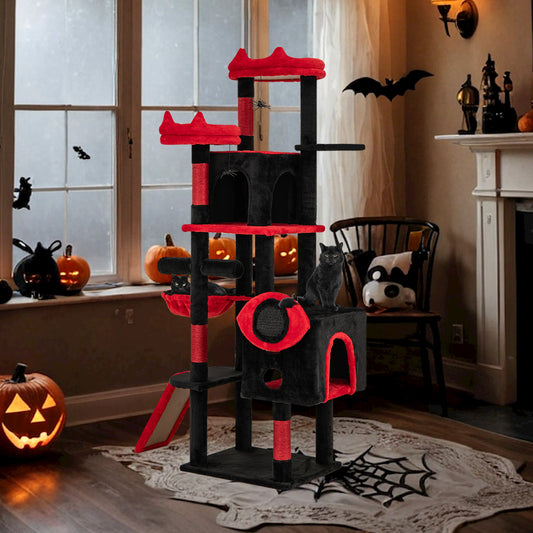 Large Gothic Cat Tree with Cat Condos and Plush Perches-Black & Red