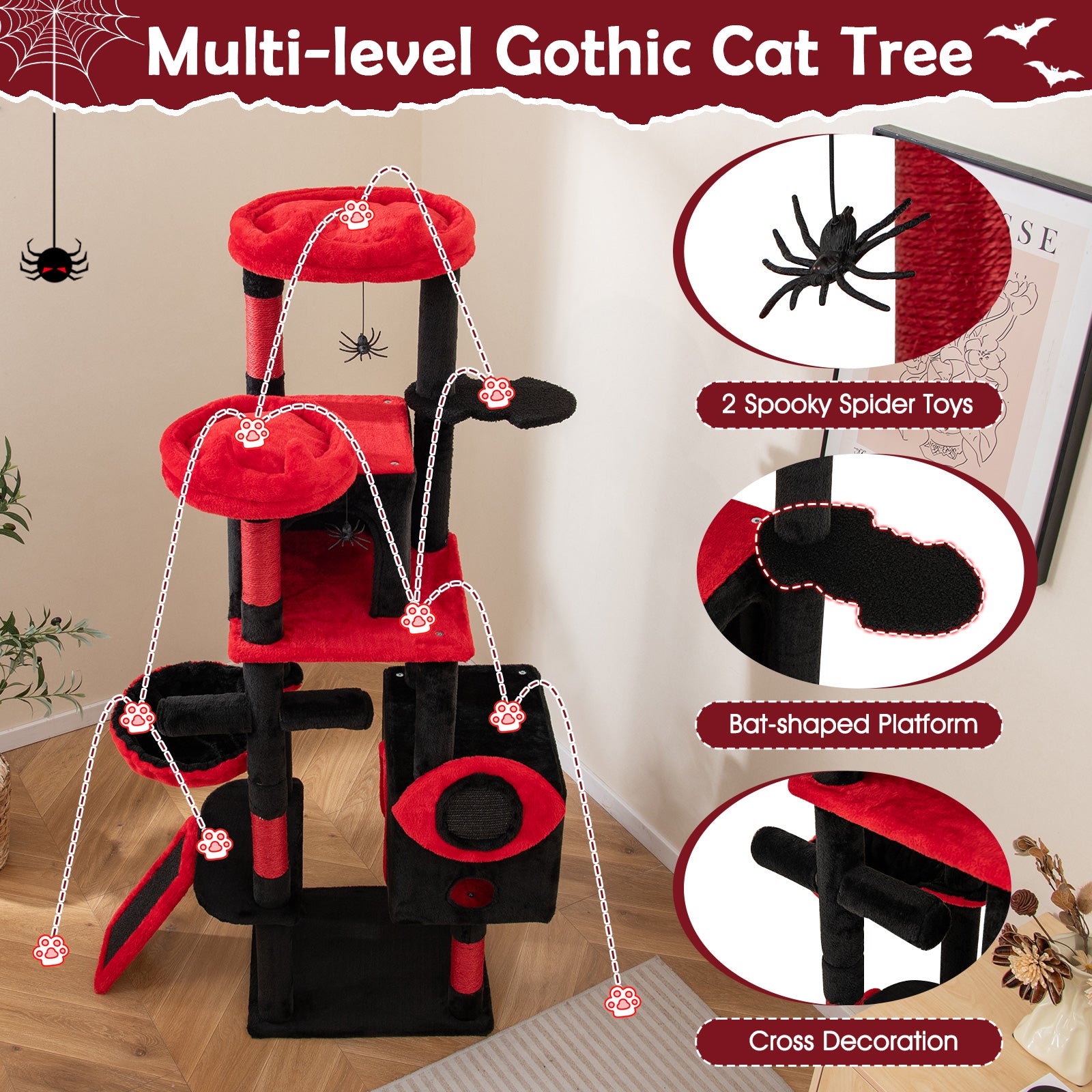 Large Gothic Cat Tree with Cat Condos and Plush Perches-Black & Red