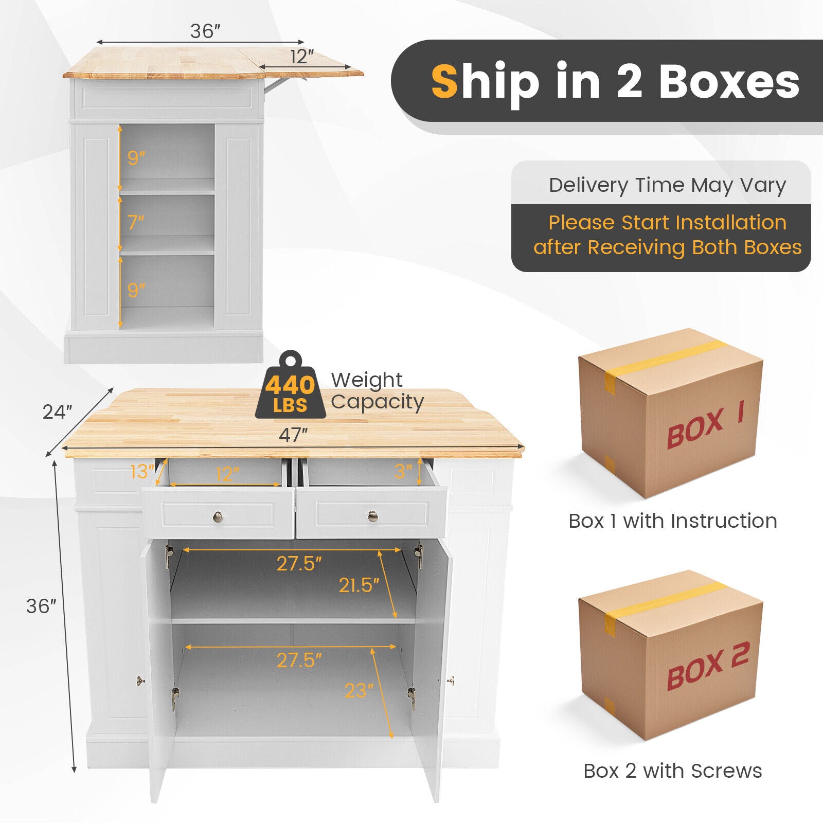 Kitchen Island with Storage and 3-Level Adjustable Shelves-White