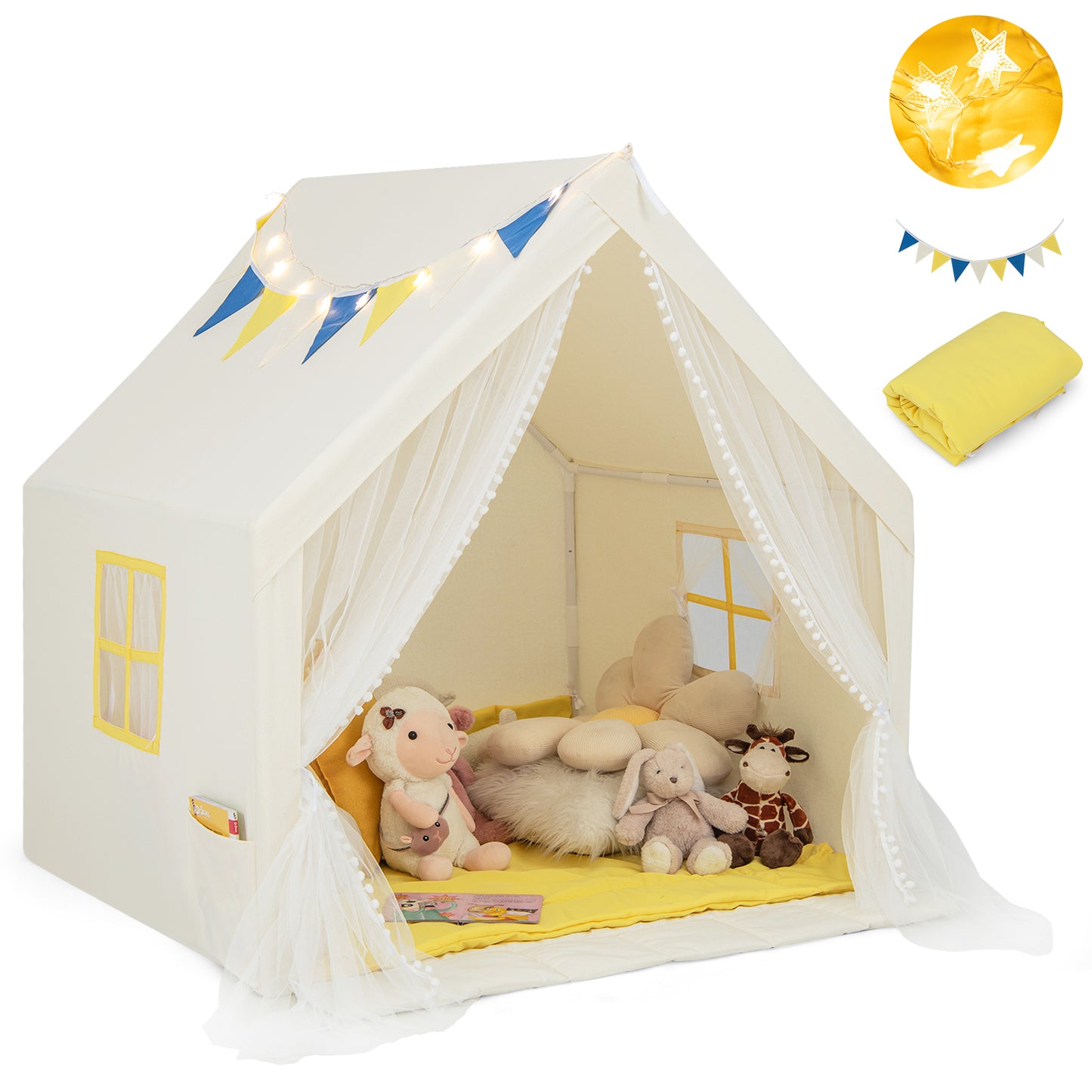 48 x 42 x 50 Inch Large Play Tent with Washable Cotton Mat Holiday Birthday Gift for Kids-Blue - Beige