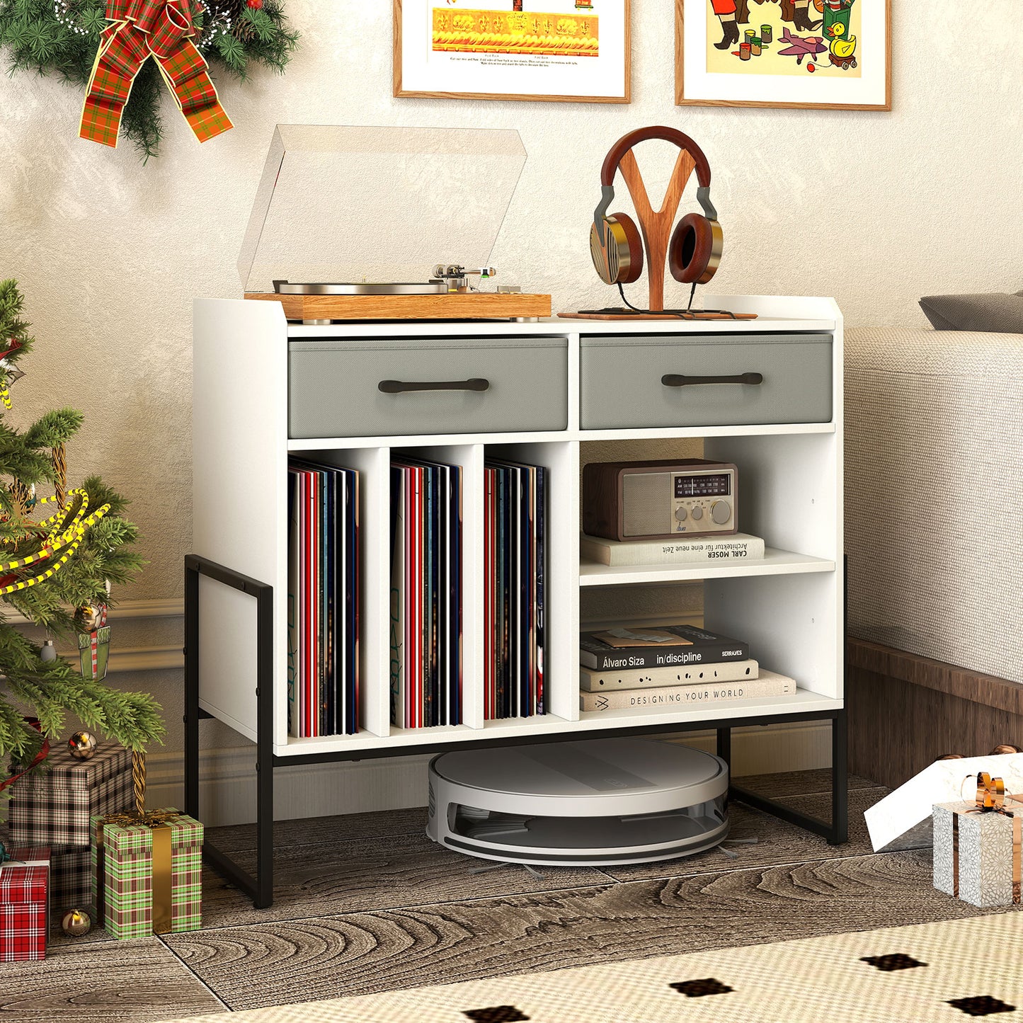 Large Record Player Stand with Charging Station Mid Century Modern Vinyl Storage Cabinet-White