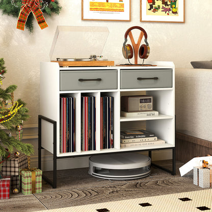 Large Record Player Stand with Charging Station Mid Century Modern Vinyl Storage Cabinet-White