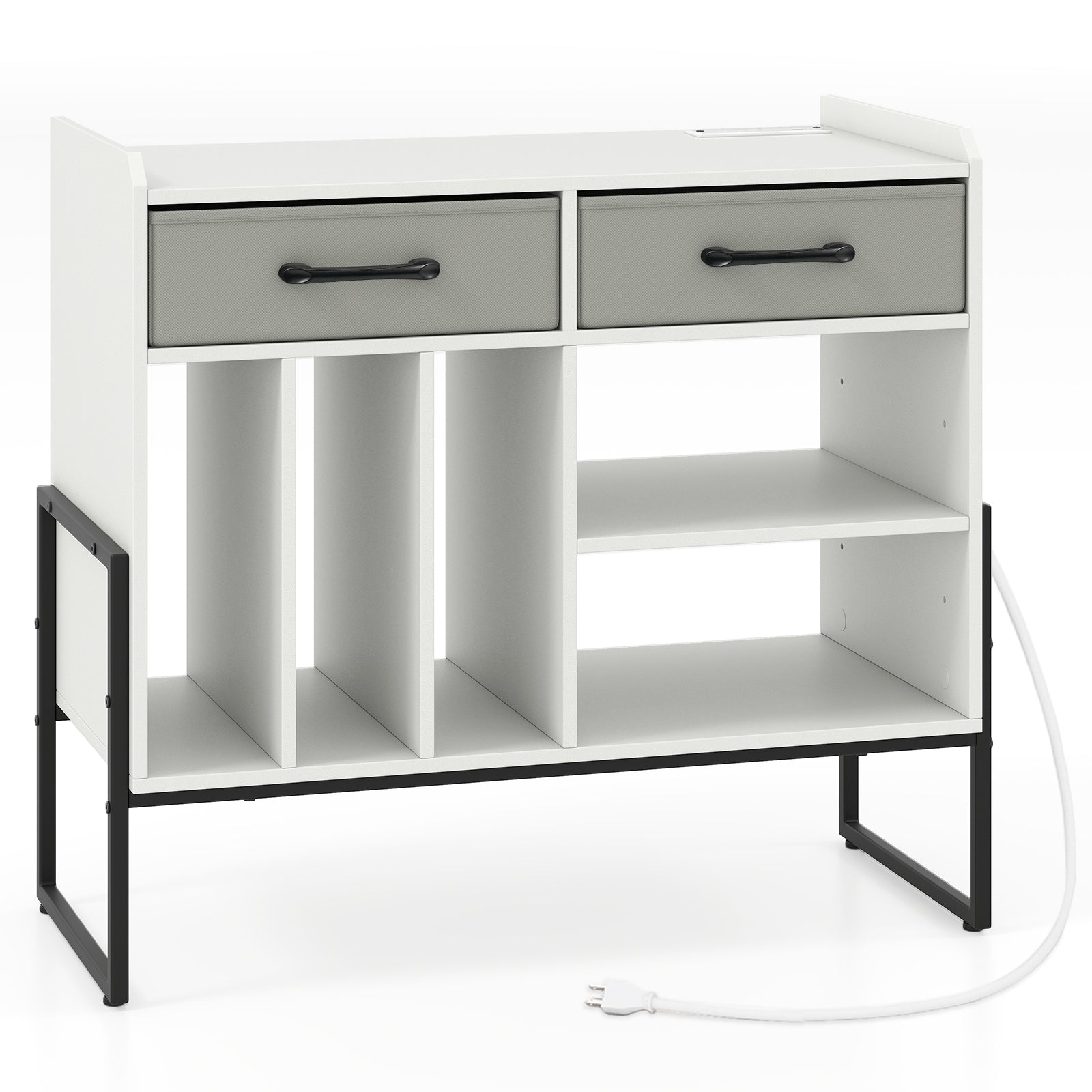 Large Record Player Stand with Charging Station Mid Century Modern Vinyl Storage Cabinet-White