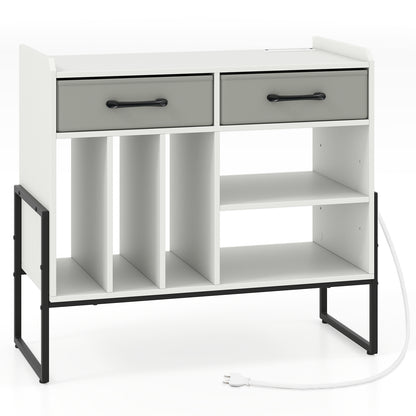 Large Record Player Stand with Charging Station Mid Century Modern Vinyl Storage Cabinet-White