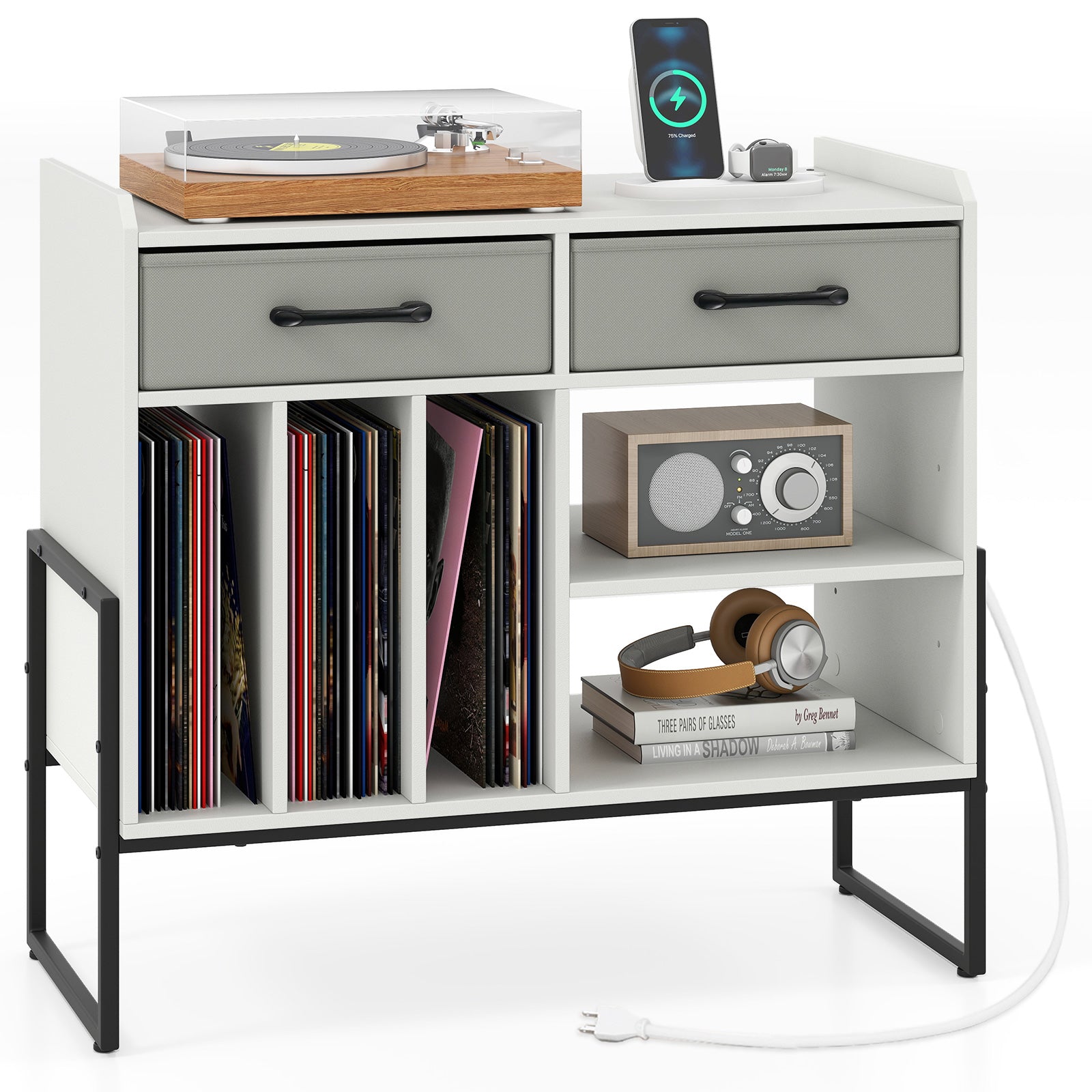 Large Record Player Stand with Charging Station Mid Century Modern Vinyl Storage Cabinet-White