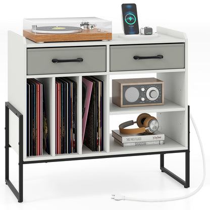 Large Record Player Stand with Charging Station Mid Century Modern Vinyl Storage Cabinet-White