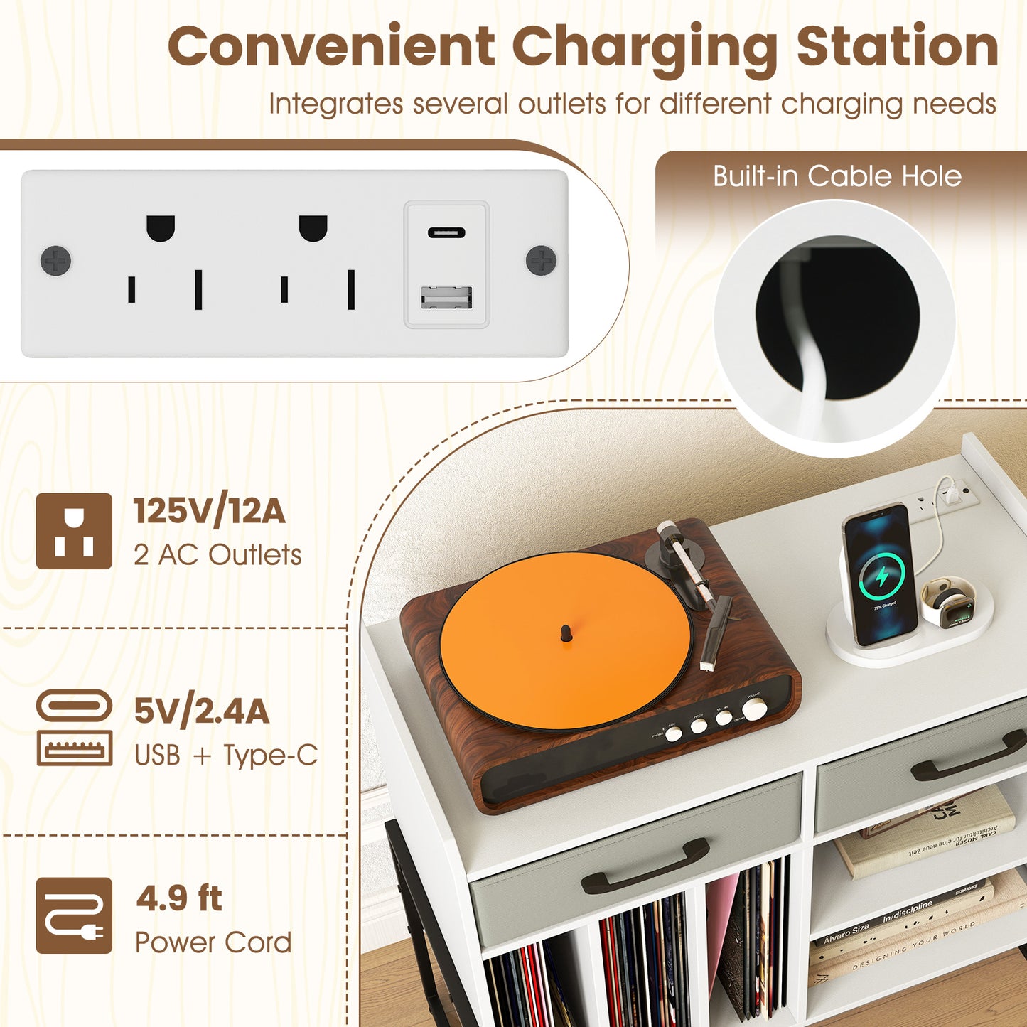 Large Record Player Stand with Charging Station Mid Century Modern Vinyl Storage Cabinet-White