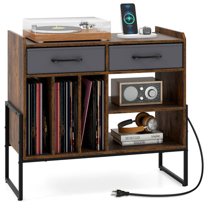 Large Record Player Stand with Charging Station Mid Century Modern Vinyl Storage Cabinet-Rustic Brown