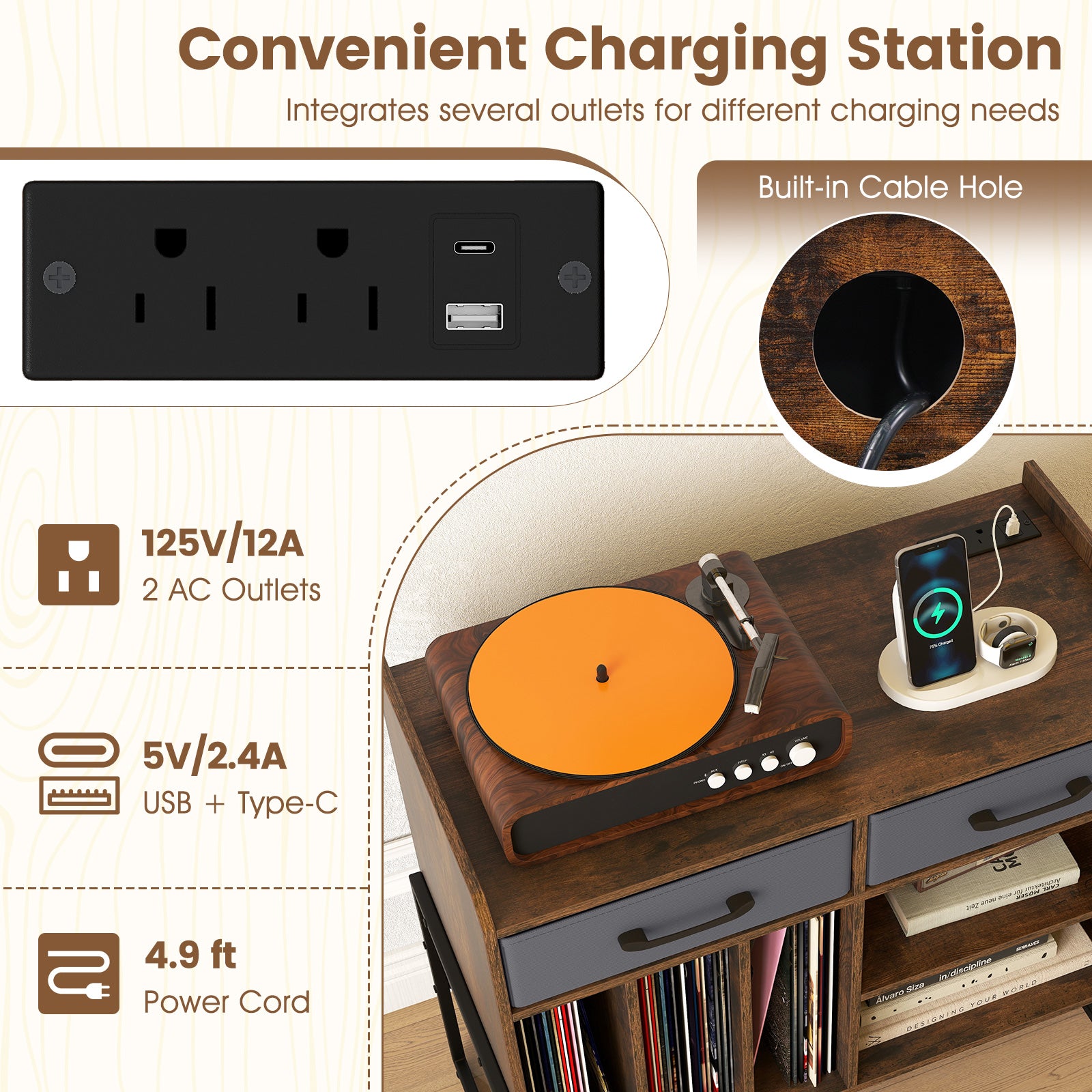 Large Record Player Stand with Charging Station Mid Century Modern Vinyl Storage Cabinet-Rustic Brown