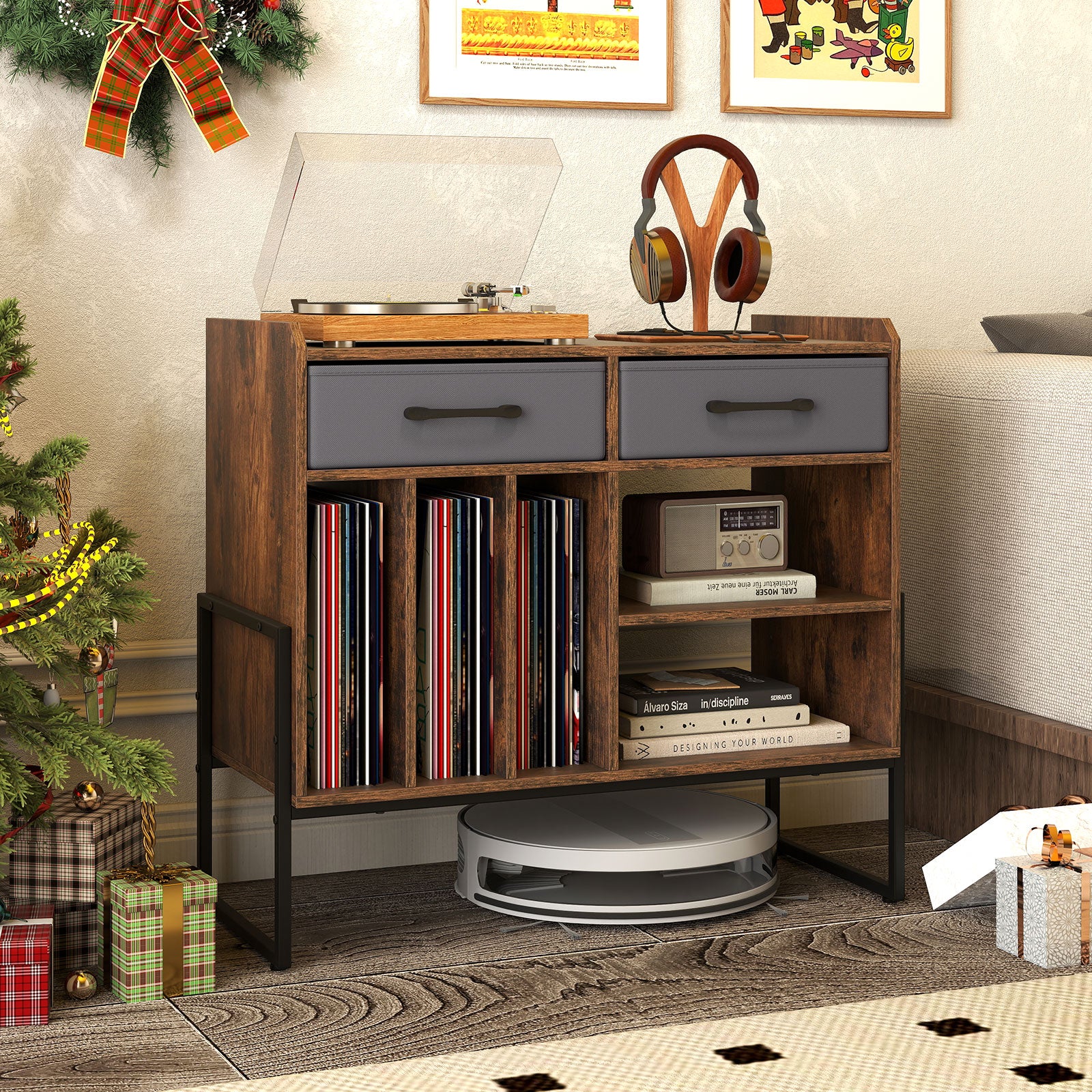 Large Record Player Stand with Charging Station Mid Century Modern Vinyl Storage Cabinet-Rustic Brown