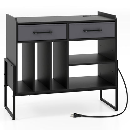 Large Record Player Stand with Charging Station Mid Century Modern Vinyl Storage Cabinet-Black