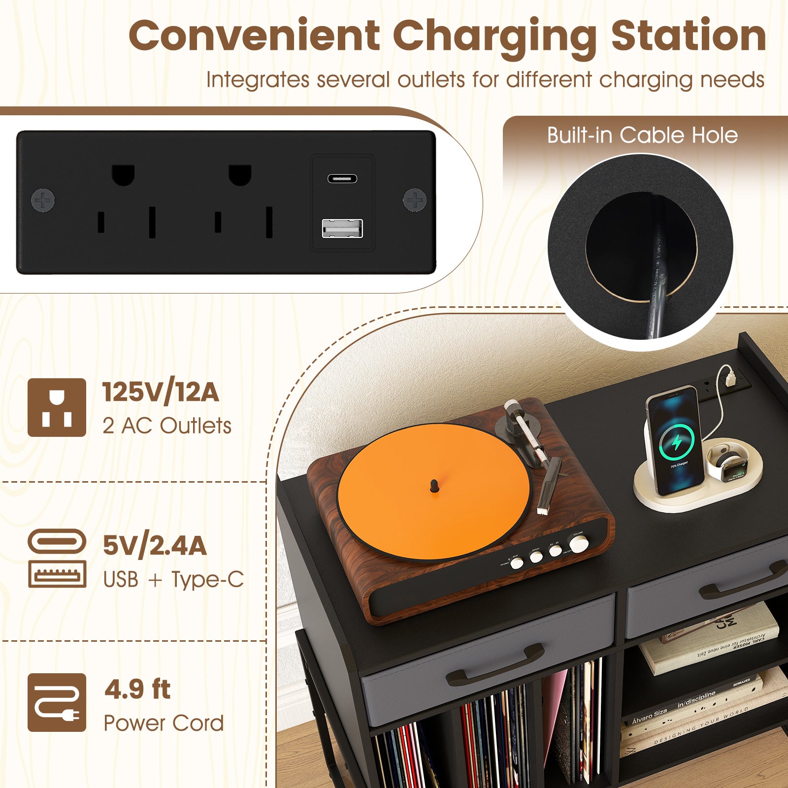 Large Record Player Stand with Charging Station Mid Century Modern Vinyl Storage Cabinet-Black