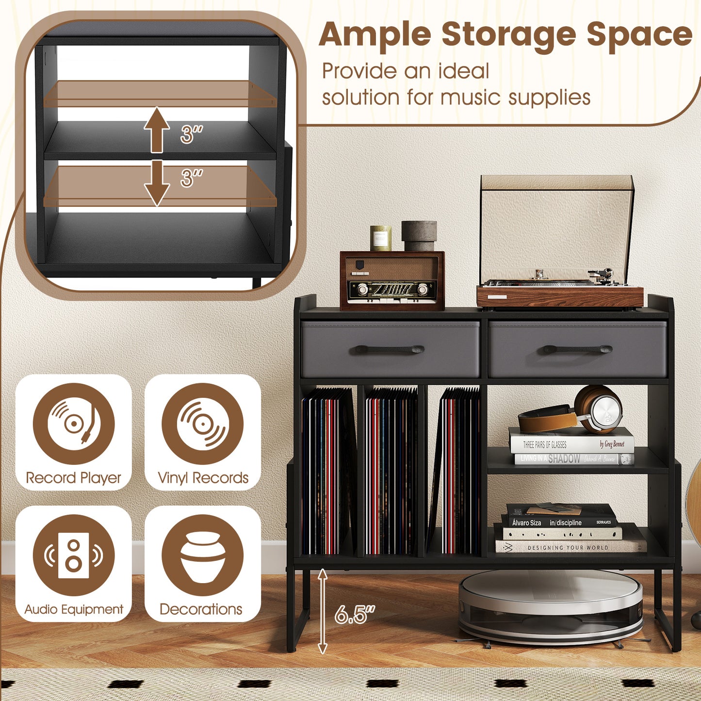 Large Record Player Stand with Charging Station Mid Century Modern Vinyl Storage Cabinet-Black