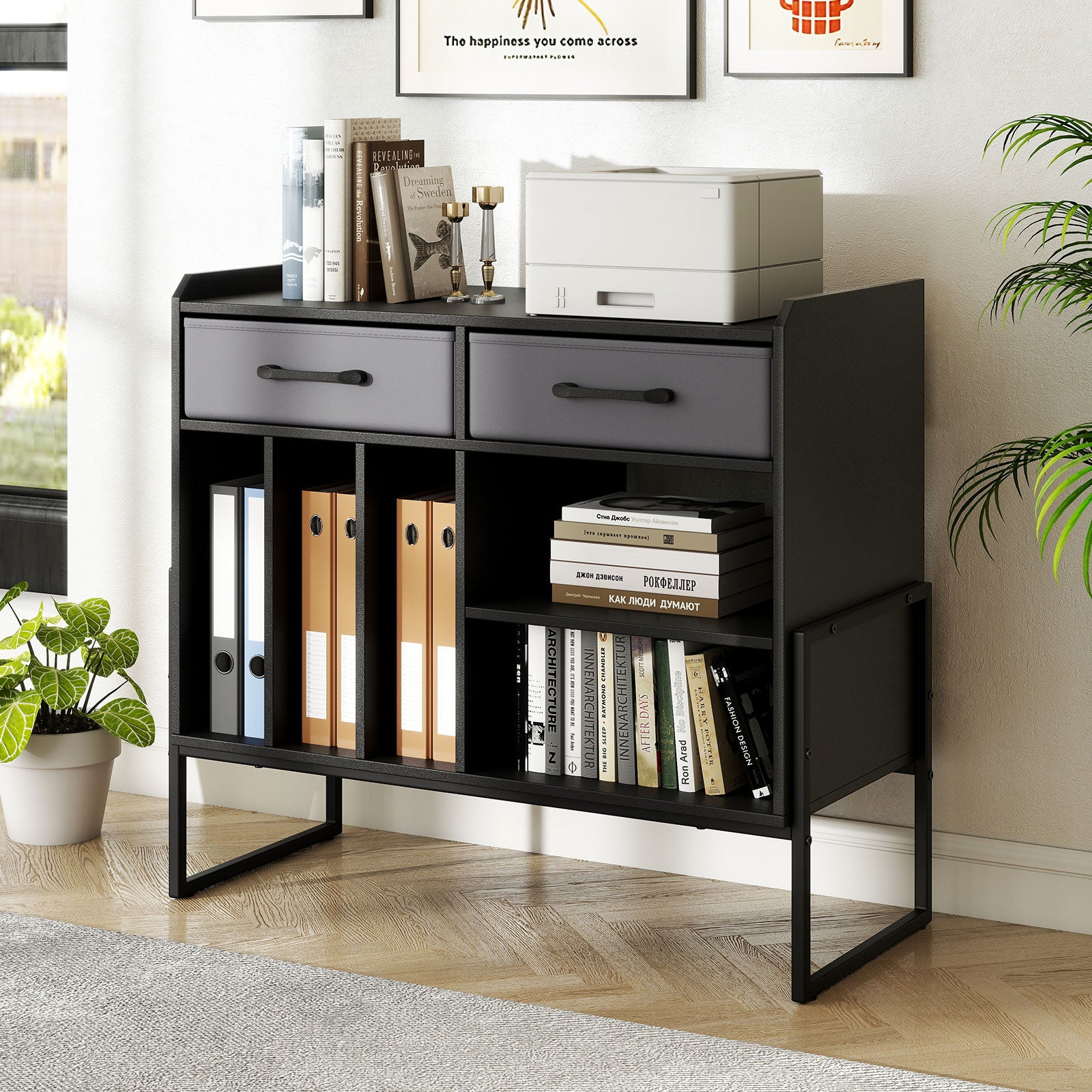 Large Record Player Stand with Charging Station Mid Century Modern Vinyl Storage Cabinet-Black