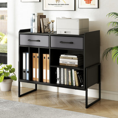 Large Record Player Stand with Charging Station Mid Century Modern Vinyl Storage Cabinet-Black