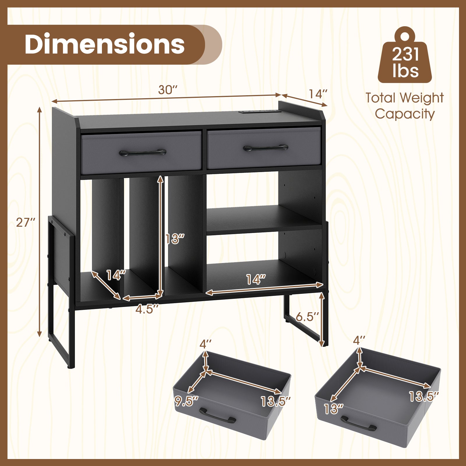Large Record Player Stand with Charging Station Mid Century Modern Vinyl Storage Cabinet-Black