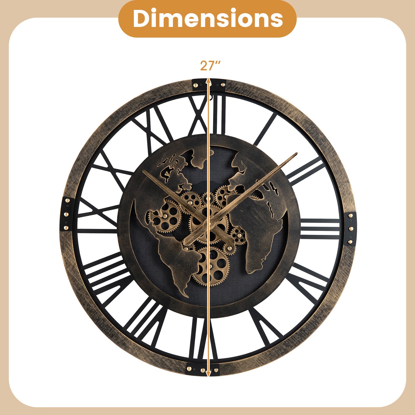 Large Wall Clock 27" Gear Clock with World Map-Brown