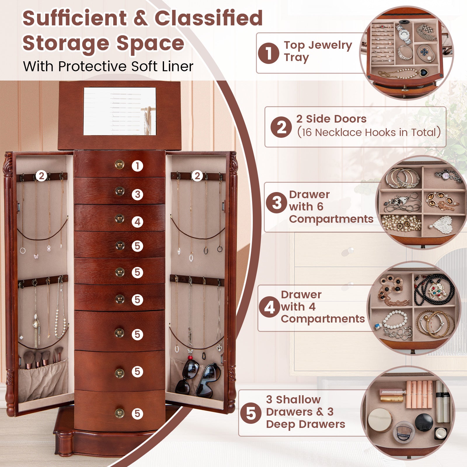Large Wooden Jewelry Storage Box Organizer