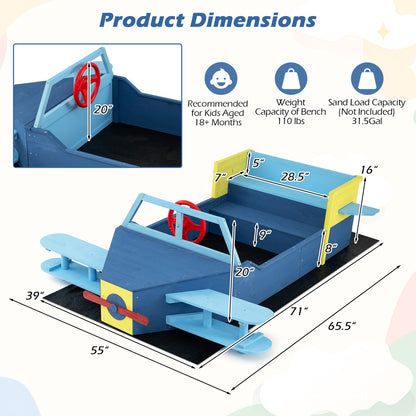 Wooden Airplane Sandbox with Bench Seat and Bottom Liner