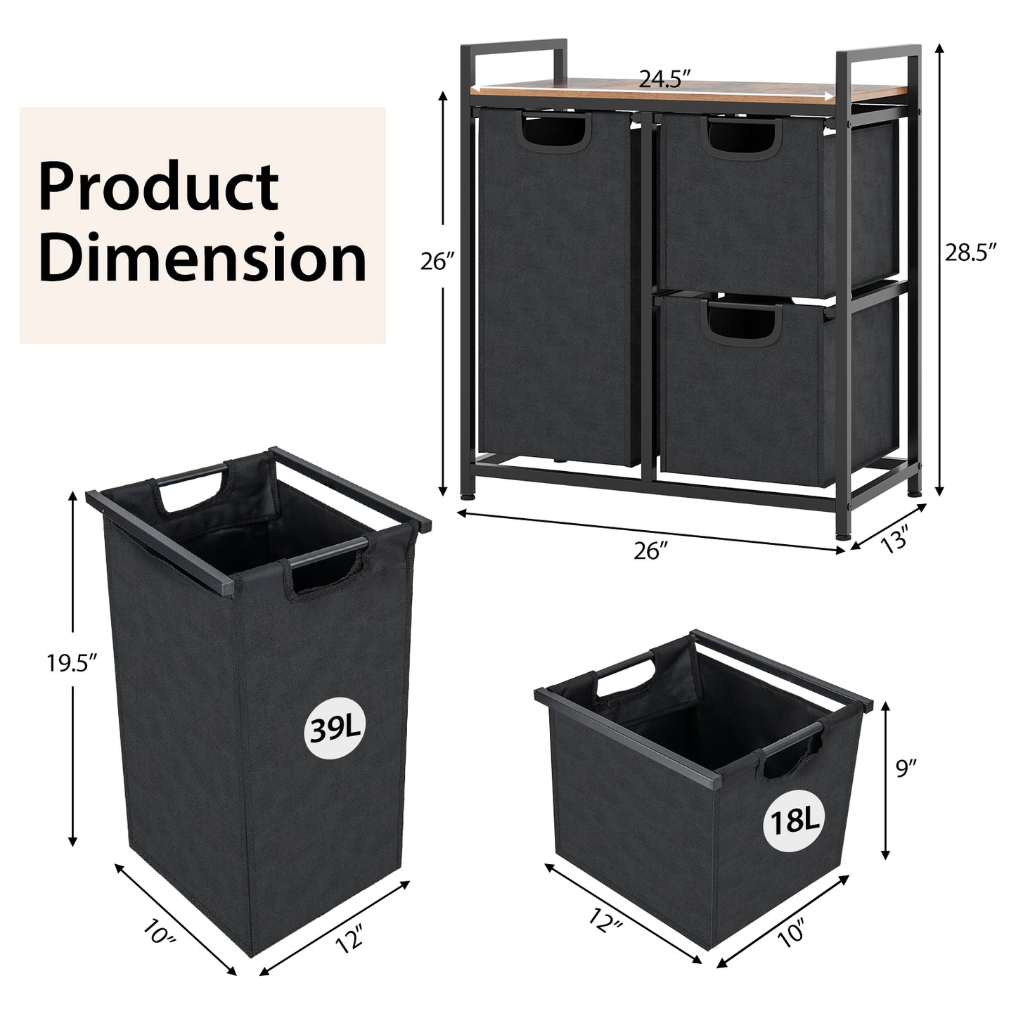 Laundry Basket Organizer Dirty Clothes Hamper with Shelf and 3 Removable Bags-Rustic Brown