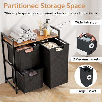 Laundry Basket Organizer Dirty Clothes Hamper with Shelf and 3 Removable Bags-Rustic Brown