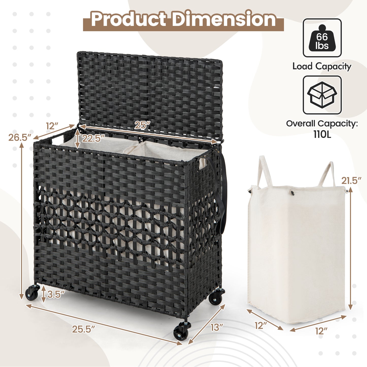2-Section Laundry Hamper with Removable Bags, 110L