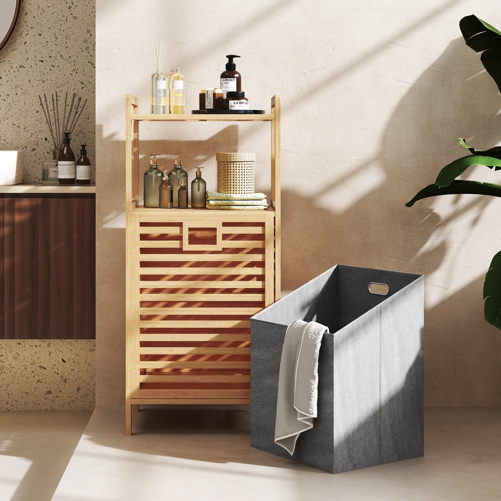 Bamboo Tilt out Laundry Hamper with Foldable and Removable Basket-Natural