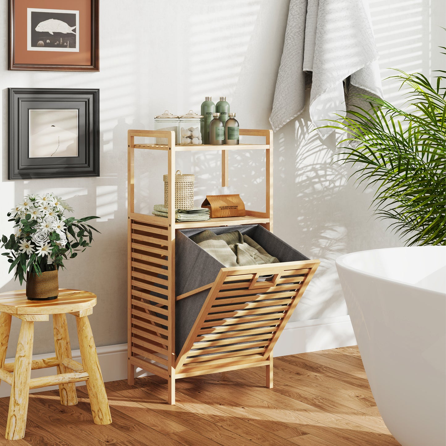 Bamboo Tilt out Laundry Hamper with Foldable and Removable Basket-Natural
