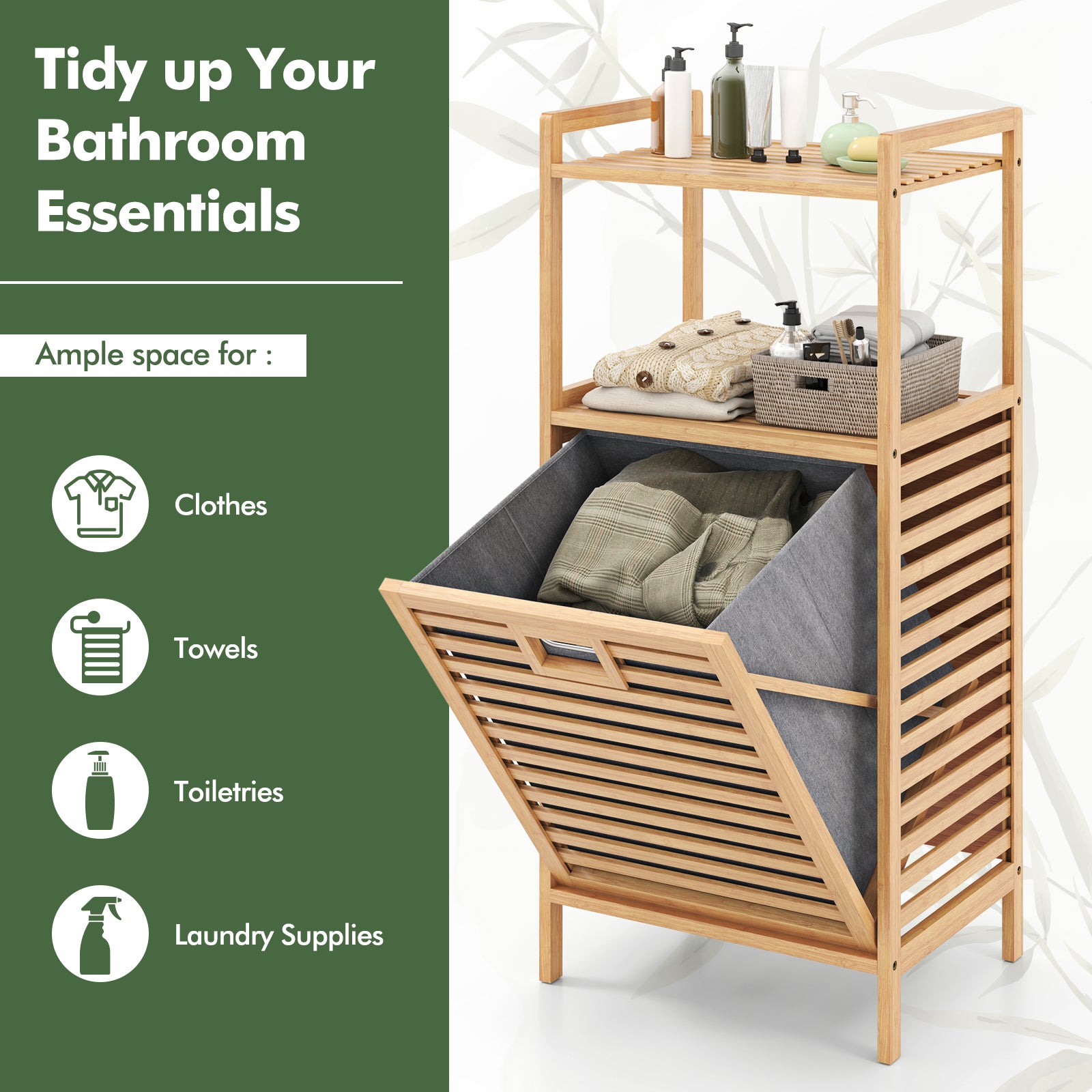 Bamboo Tilt out Laundry Hamper with Foldable and Removable Basket-Natural