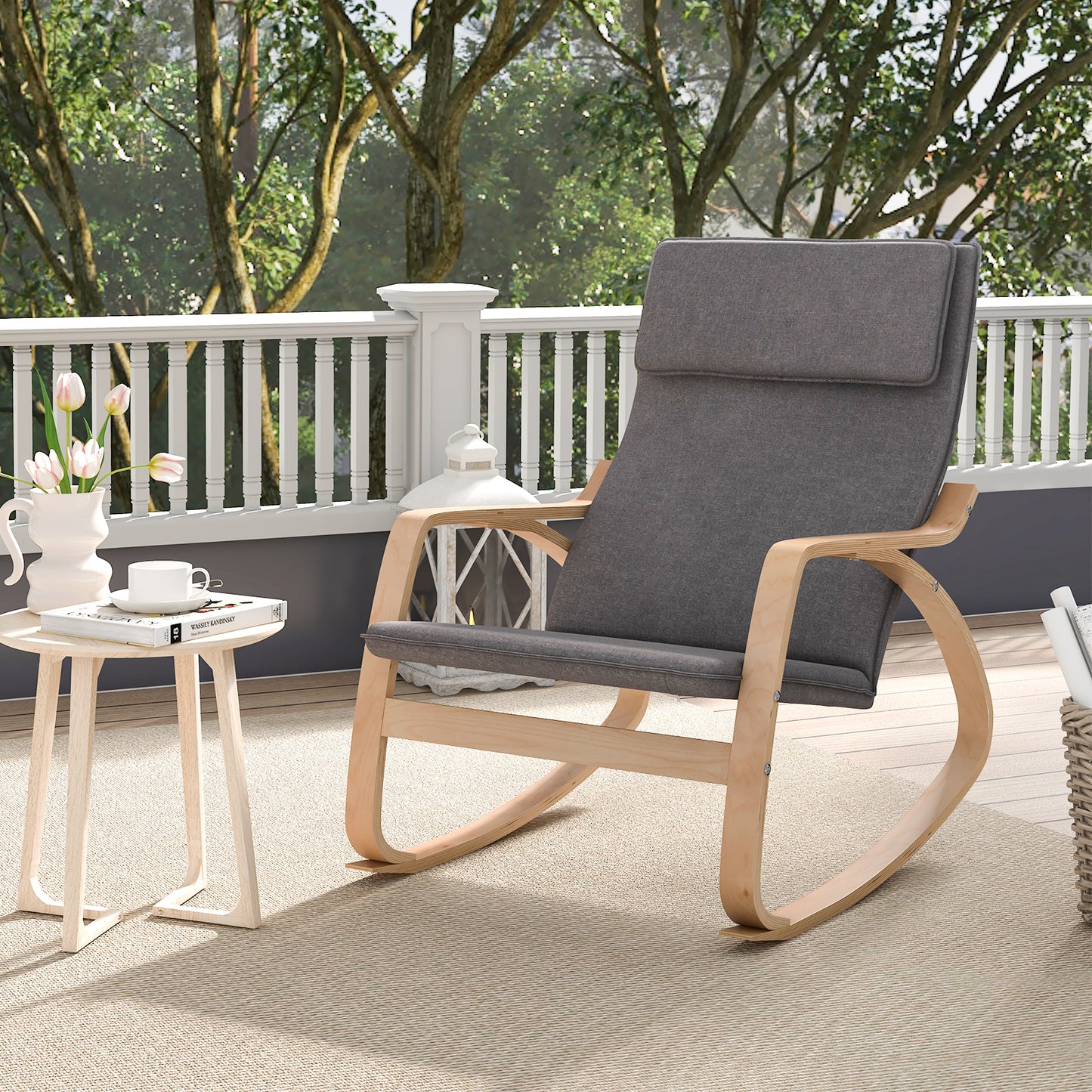 Stable Wooden Frame Leisure Rocking Chair with Removable Upholstered Cushion-Gray