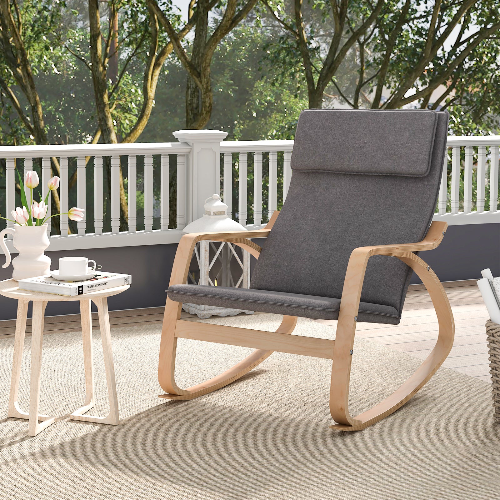 Stable Wooden Frame Leisure Rocking Chair with Removable Upholstered Cushion-Gray