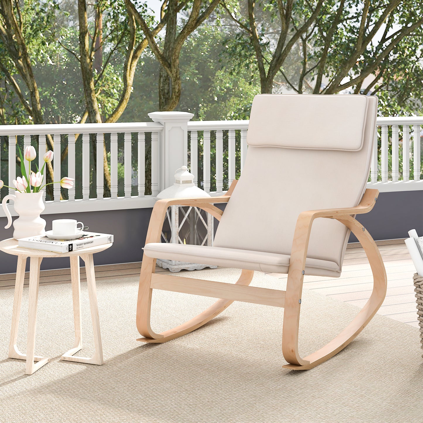 Stable Wooden Frame Leisure Rocking Chair with Removable Upholstered Cushion-Beige