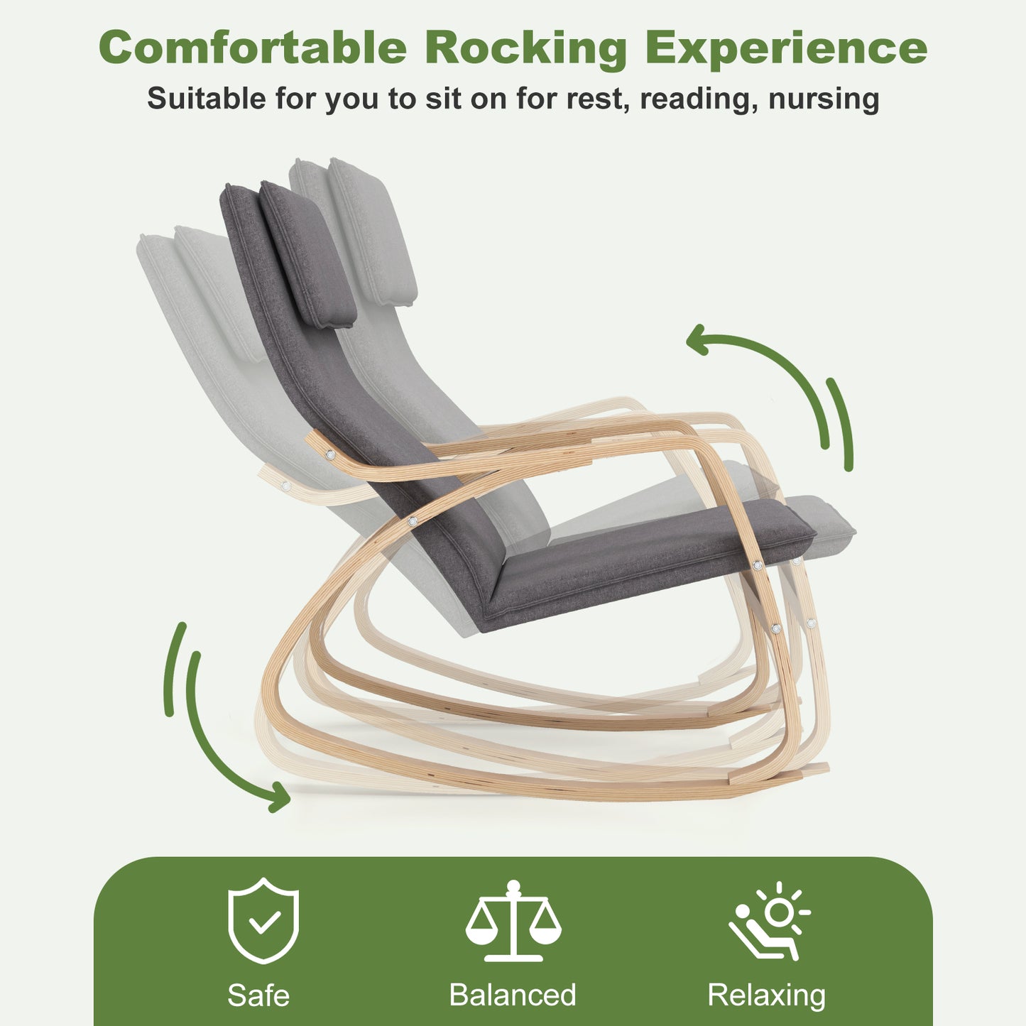 Stable Wooden Frame Leisure Rocking Chair with Removable Upholstered Cushion-Gray