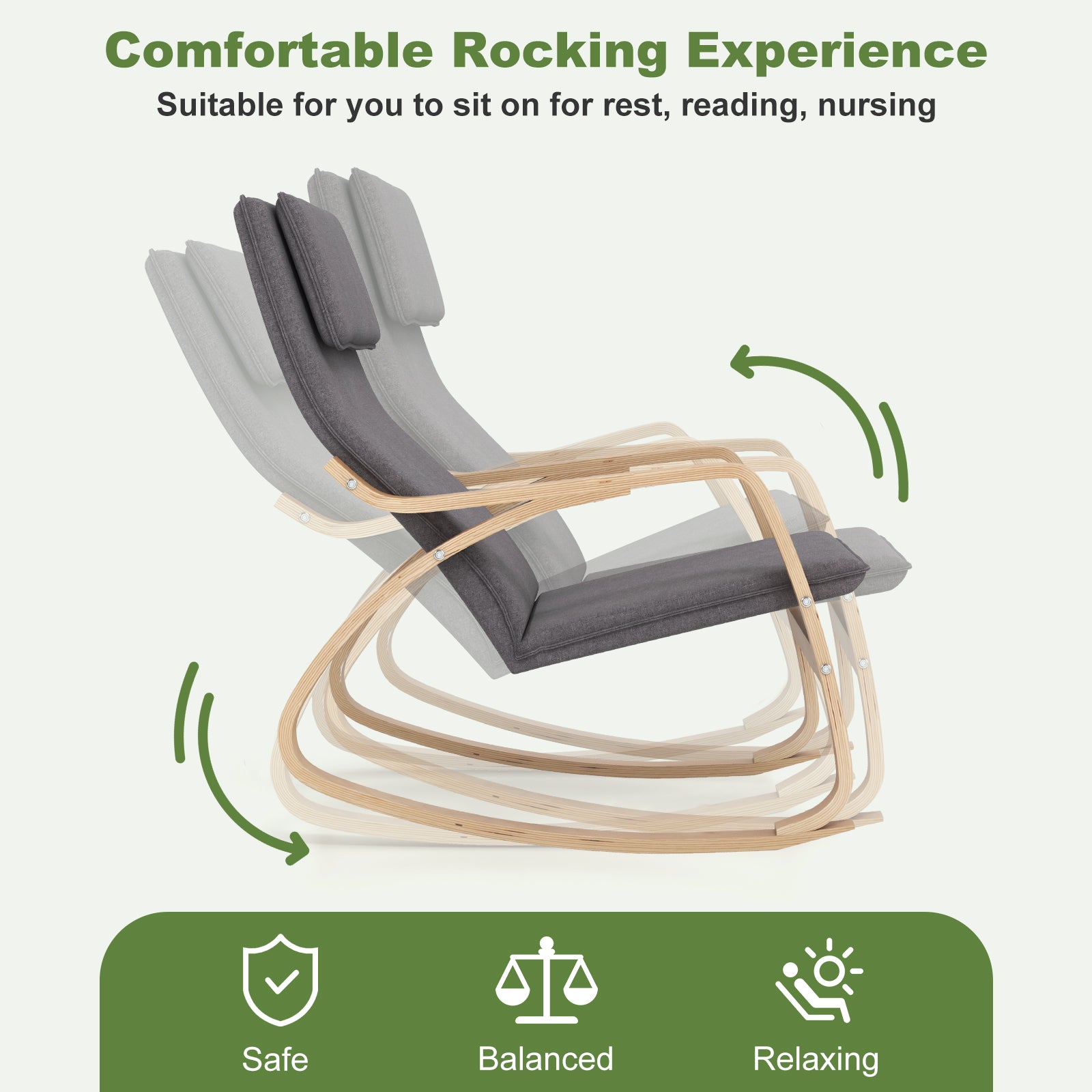 Stable Wooden Frame Leisure Rocking Chair with Removable Upholstered Cushion-Gray