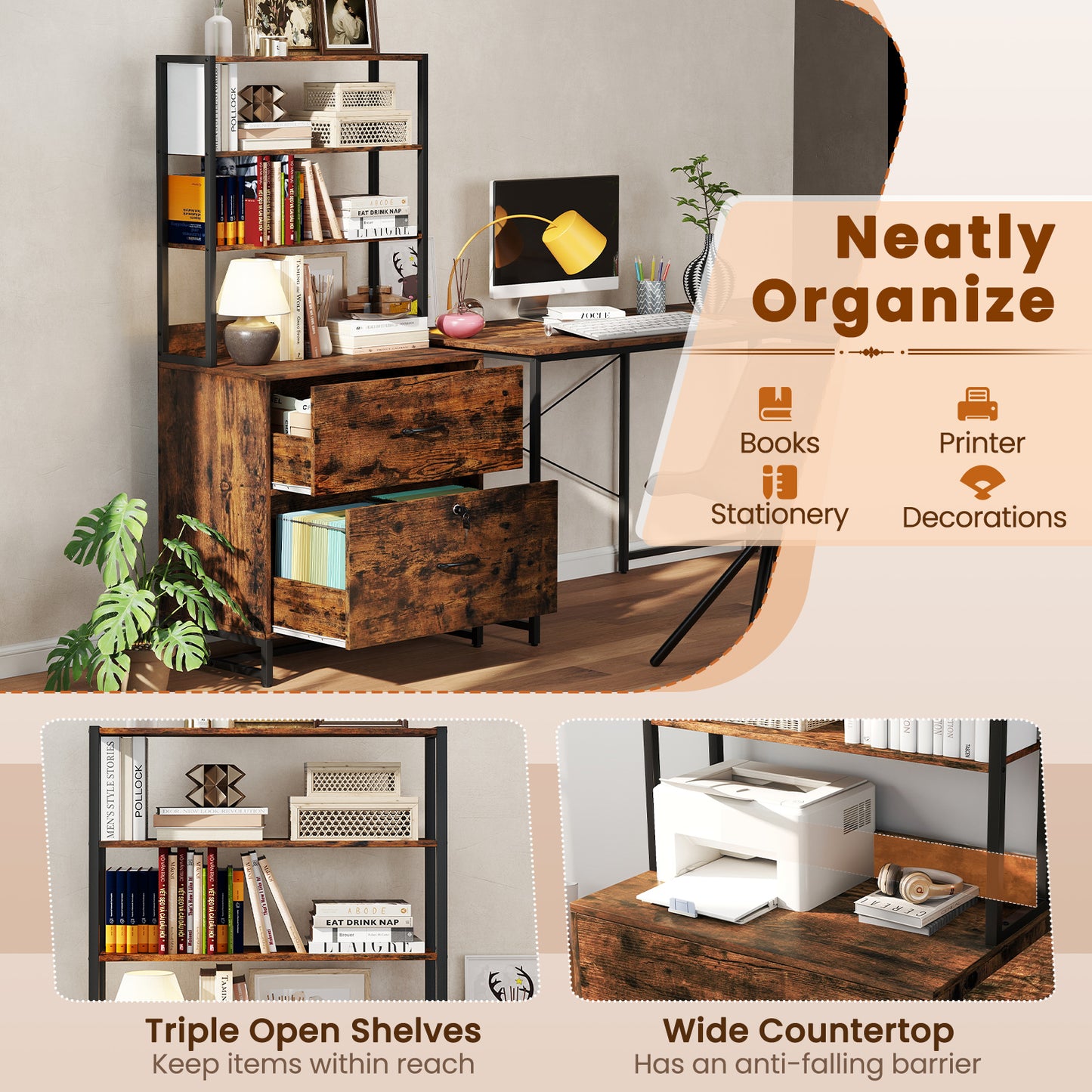 Letter Size Lateral File Cabinet with Lock and Bookshelf-Rustic Brown