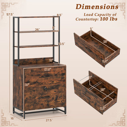 Letter Size Lateral File Cabinet with Lock and Bookshelf-Rustic Brown