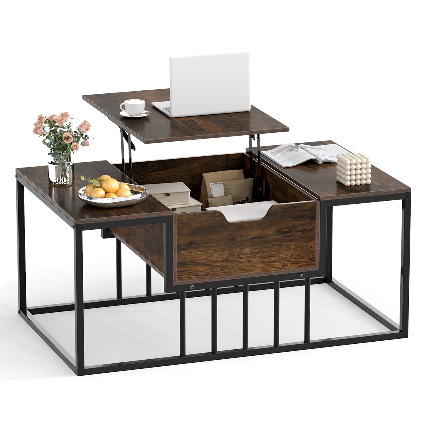 Lift Top Coffee Table Modern Center Table with Hidden Storage Compartment-Rusitc Brown